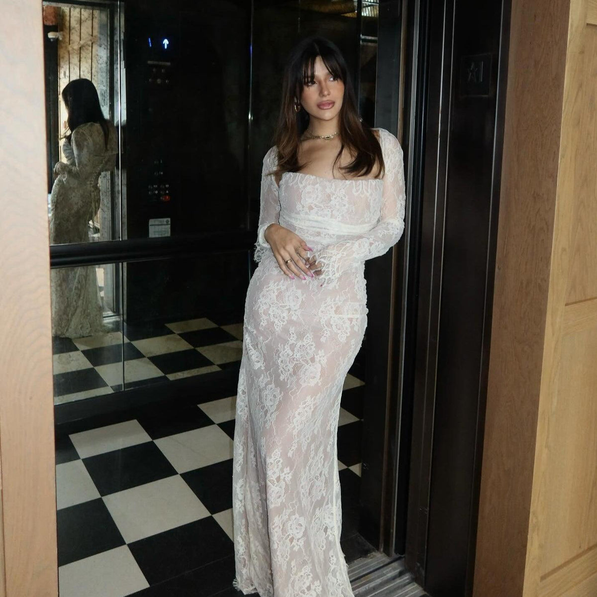 White Spaghetti Strap Lace Off-Shoulder Long Sleeve Ruched Bodycon Maxi Dress 6