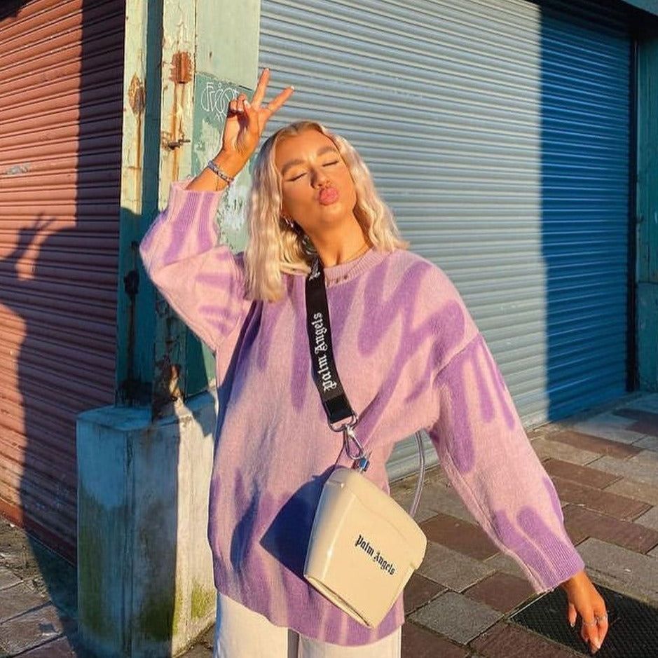 Crew Neck Abstract Print Oversized Knit Sweater