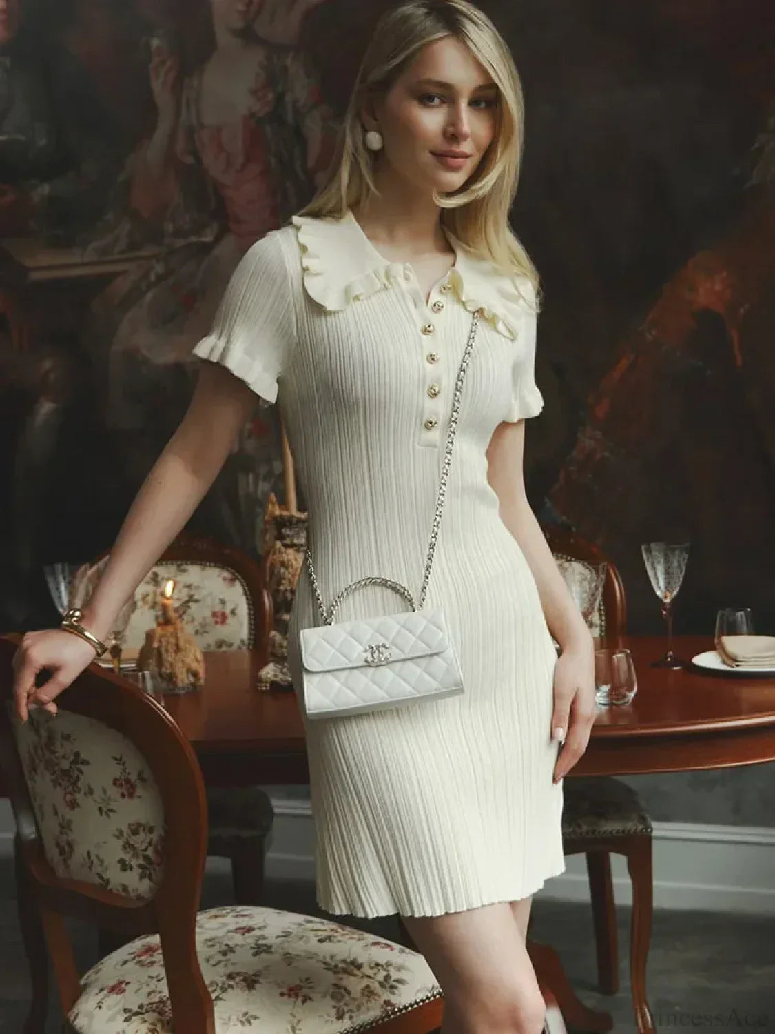 Knit Retro Single-Breasted Mini Dress WHITE / S minidress-250223