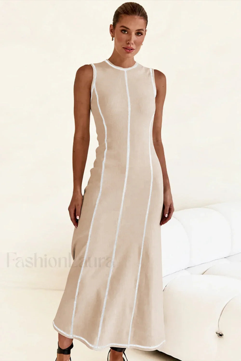 Knit Sleeveless A Line Retro Work Dress Apricot / S
