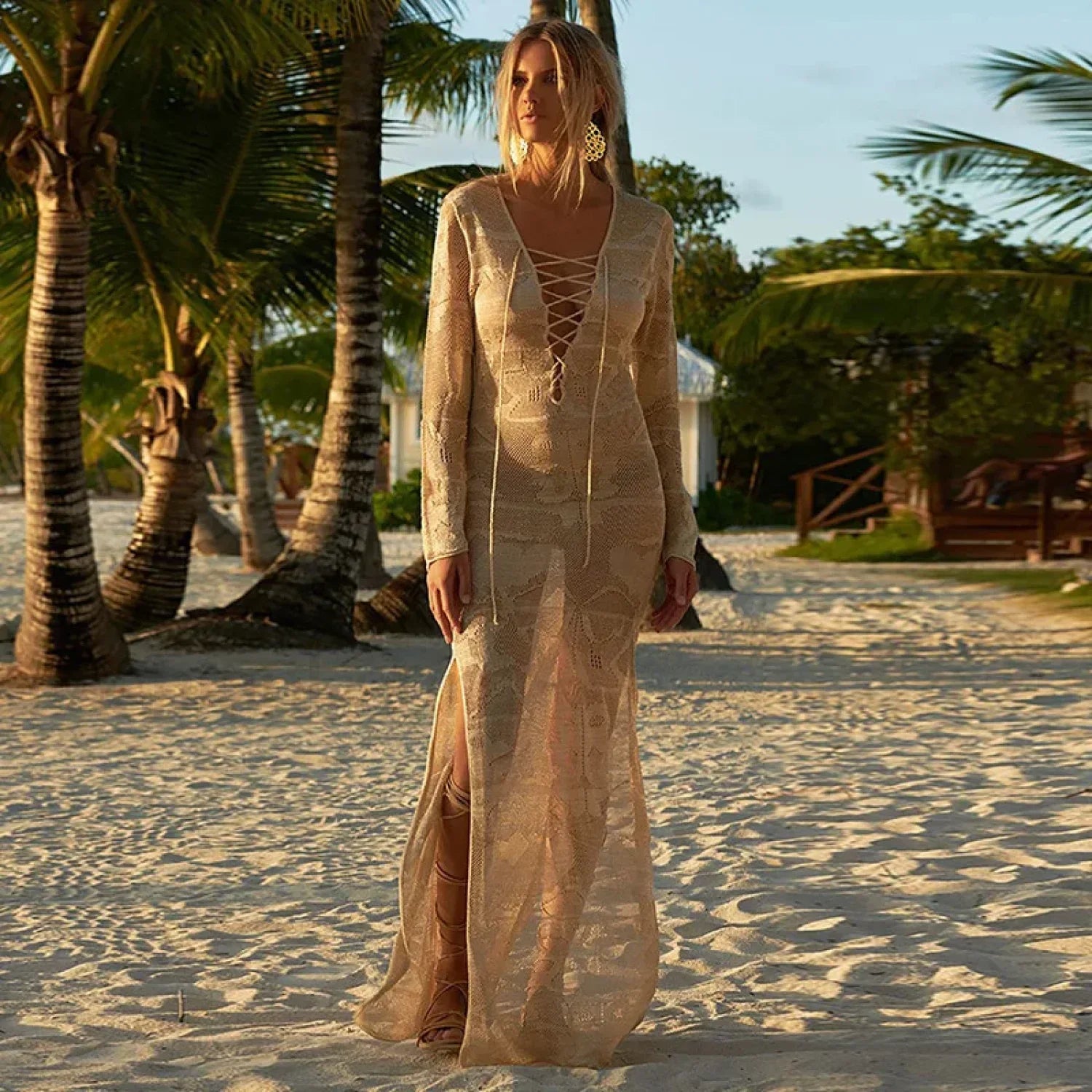 Knitted Hollow Long Dress Cover Up Khaki / One Size