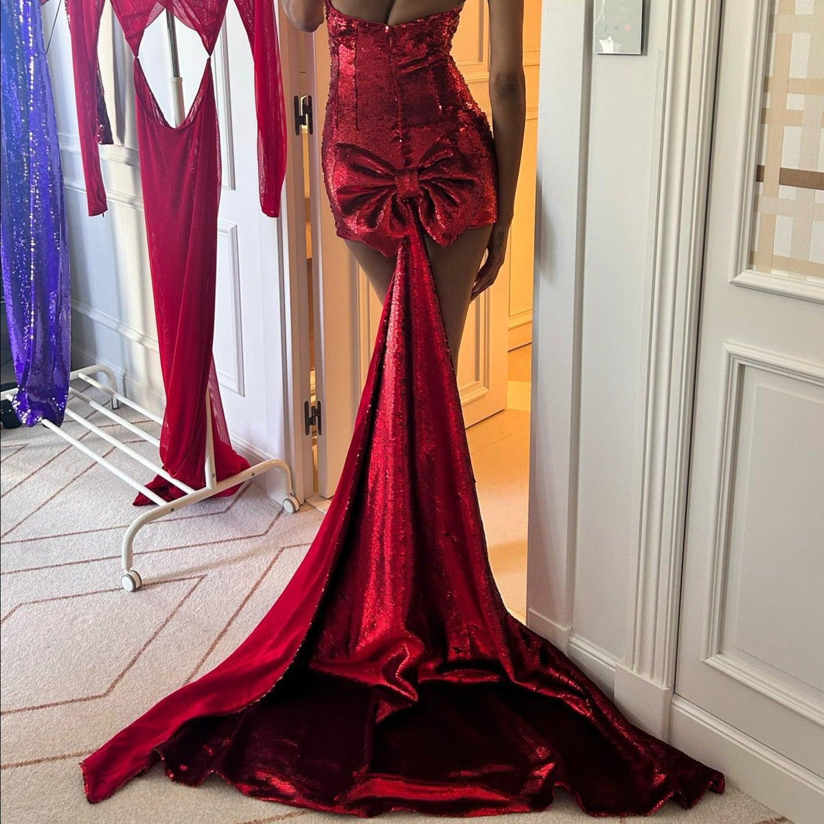 Red Strapless Backless Sequin Bow Train Bodycon Mini Dress 9