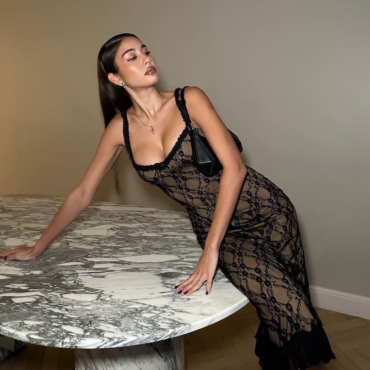 Black Scoop Neck Ruffle Trim Floral Lace Bodycon Midi Dress 4