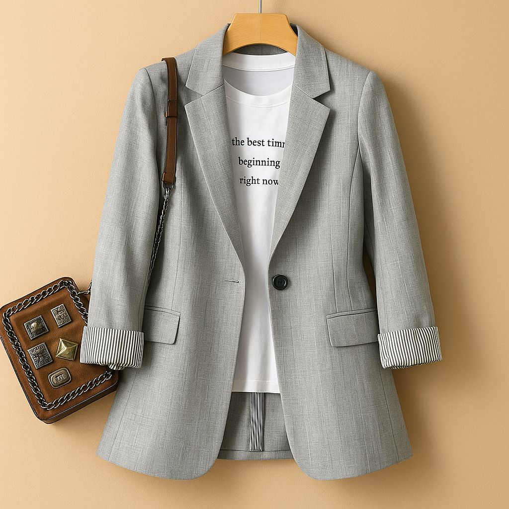 Notched Lapel Single Button Roll Up Cuff Lightweight Blazer 3