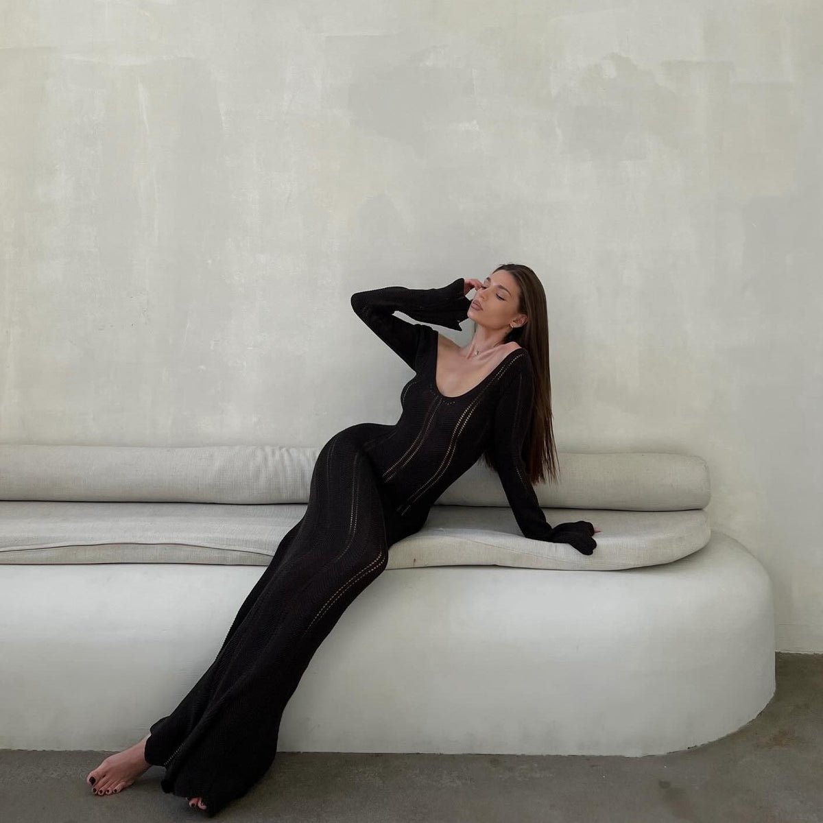 Scoop Neck Pointelle Knit Flared Sleeve Bodycon Maxi Dress