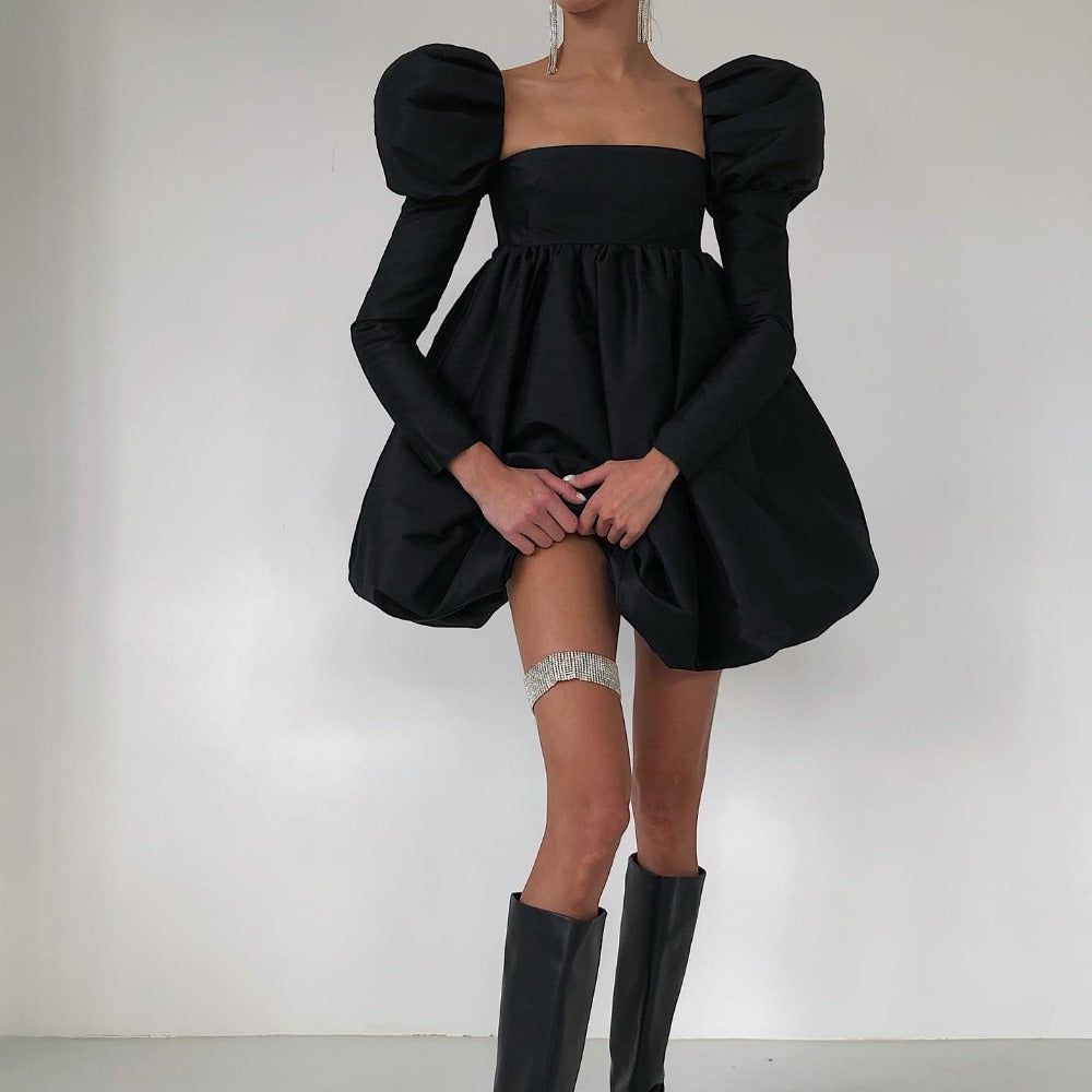 Black Square Neck Puff Long Sleeve Bubble Hem Babydoll Mini Dress