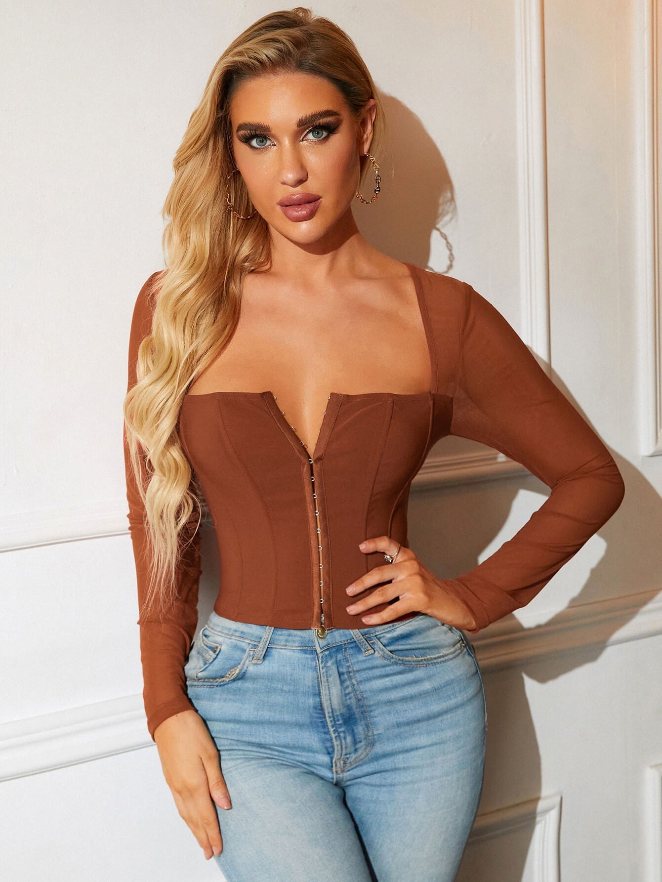 Square Neck Hook And Eye Crop Top