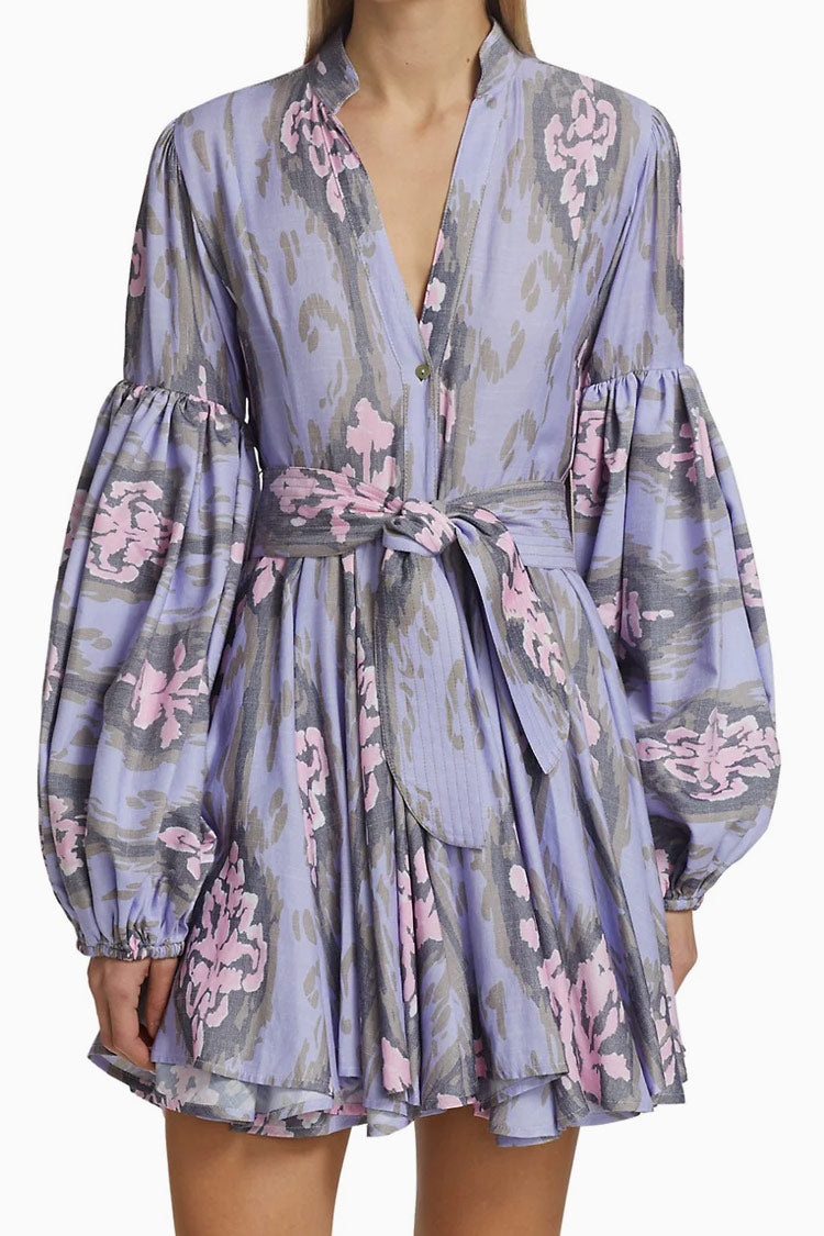 Purple Button Down Floral Print Balloon Sleeve Tie Waist Mini Dress
