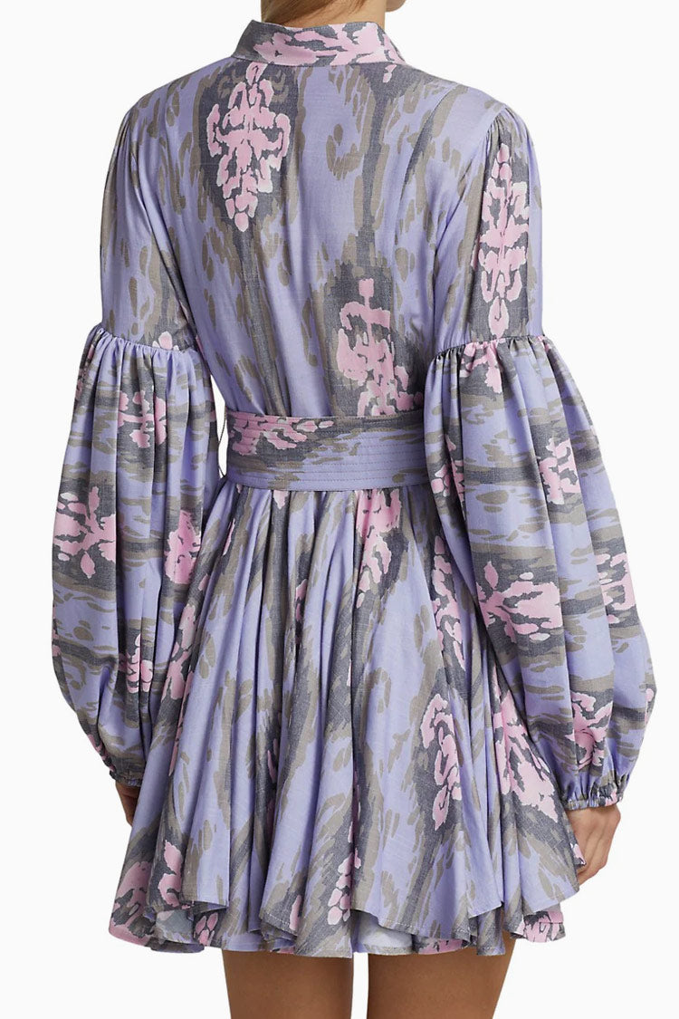 Purple Button Down Floral Print Balloon Sleeve Tie Waist Mini Dress
