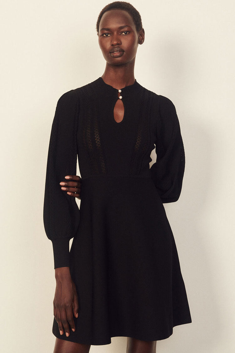 Black Keyhole Neck Long Sleeve Pointelle Knit Fit and Flare Mini Dress