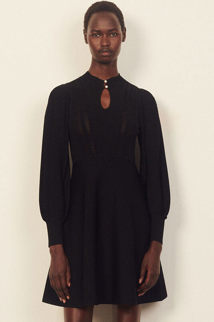 Black Keyhole Neck Long Sleeve Pointelle Knit Fit and Flare Mini Dress 2