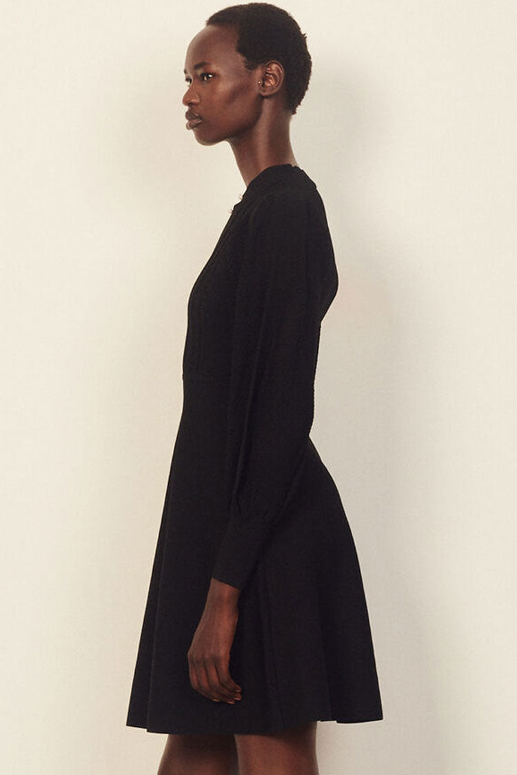 Black Keyhole Neck Long Sleeve Pointelle Knit Fit and Flare Mini Dress 3