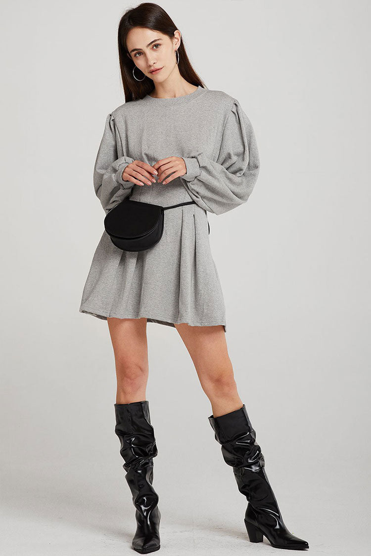 Gray Round Neck Long Sleeve Pleated Fit and Flare Sweatshirt Mini Dress 2