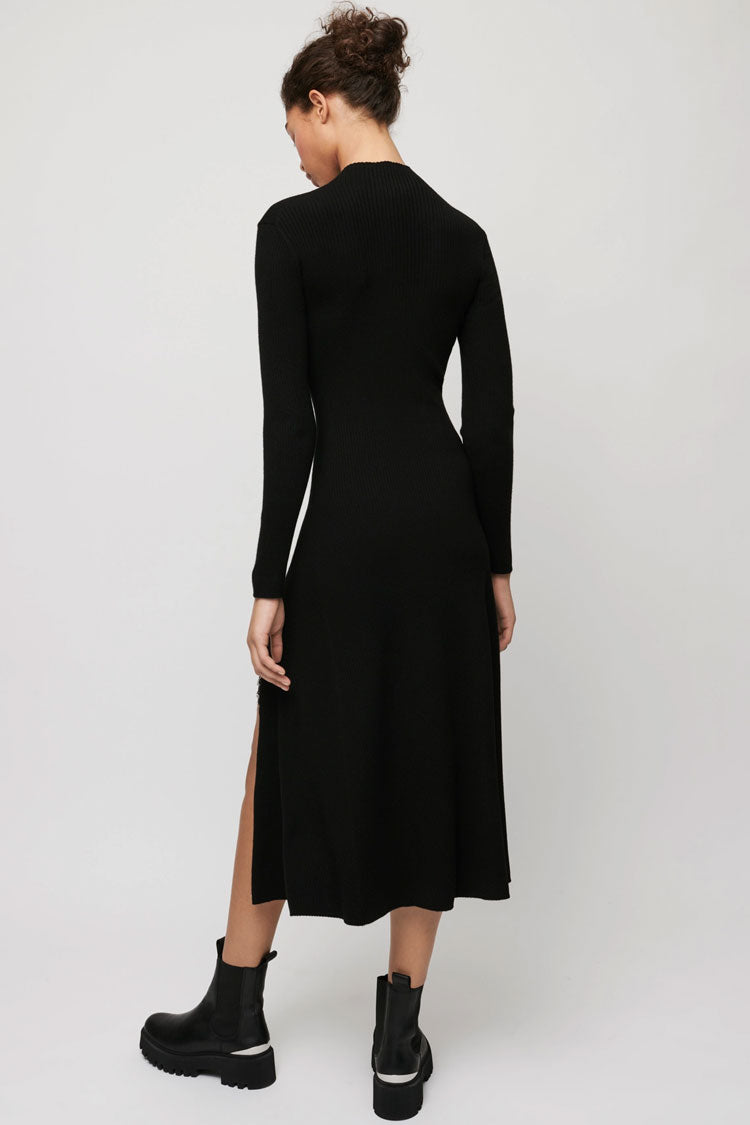 Black High Neck Long Sleeve Ribbed Knit Side Slit Sweater Midi Dress