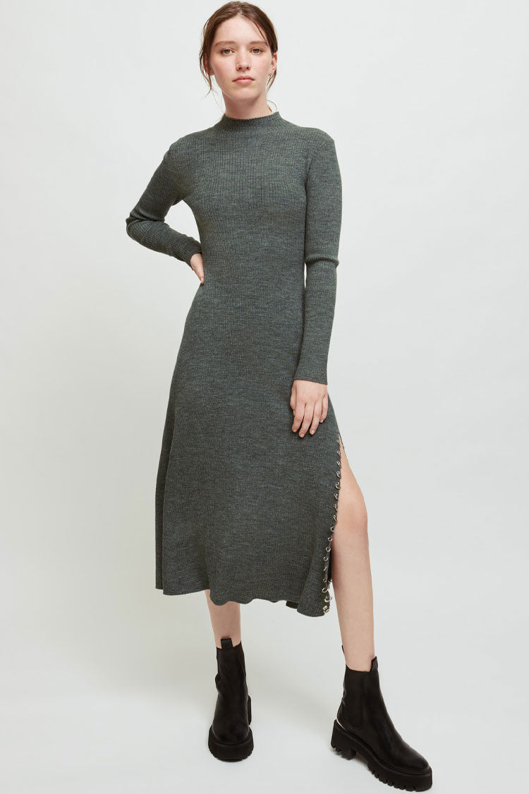 Gray High Neck Long Sleeve Ribbed Knit Side Slit Sweater Midi Dress