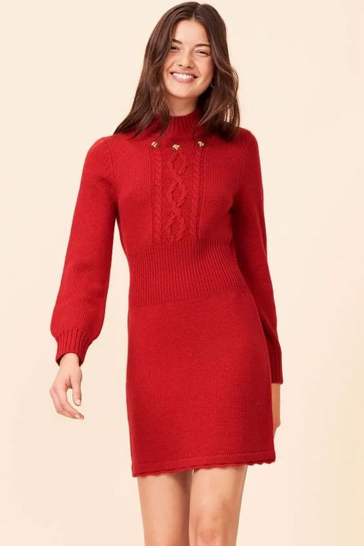 Red Mock Neck Cable Knit Button Detail Long Sleeve Sweater Mini Dress