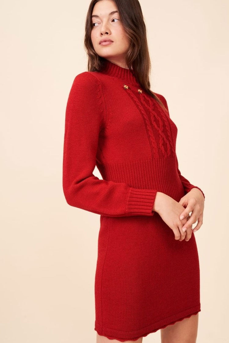 Red Mock Neck Cable Knit Button Detail Long Sleeve Sweater Mini Dress