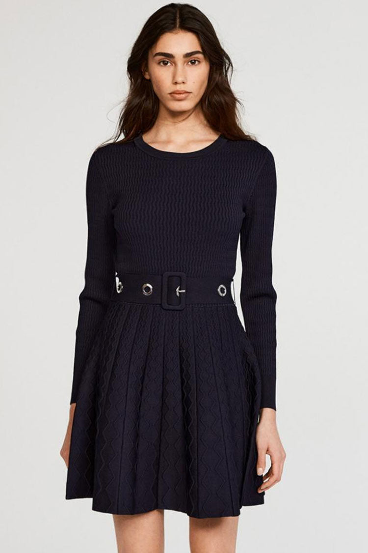 Navy Blue Round Neck Long Sleeve Ribbed Knit Belted Skater Mini Dress