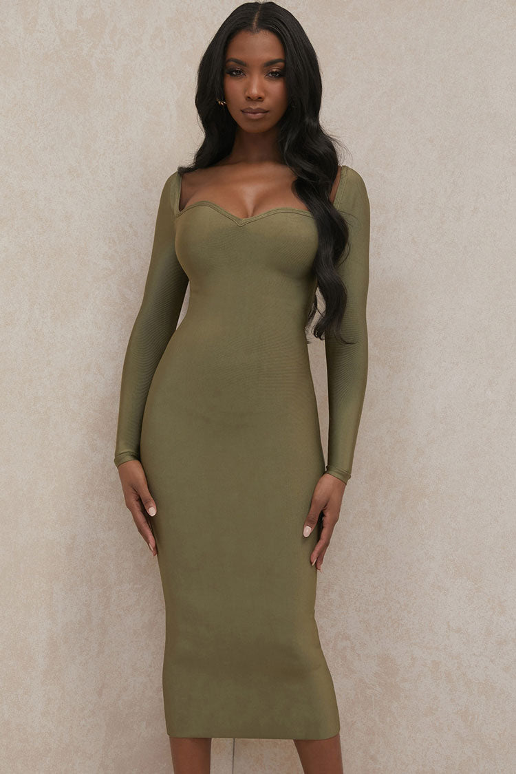 Green Sweetheart Neck Long Sleeve Ribbed Bandage Bodycon Midi Dress