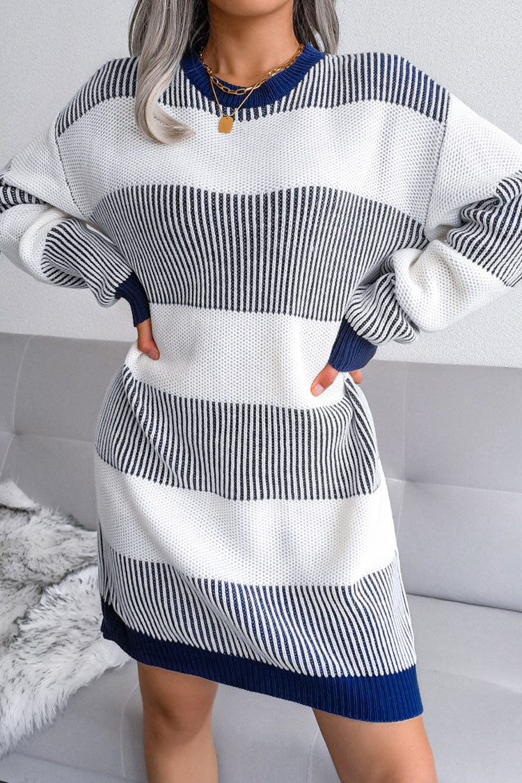 Royal Blue Crew Neck Long Sleeve Textured Striped Knit Sweater Mini Dress