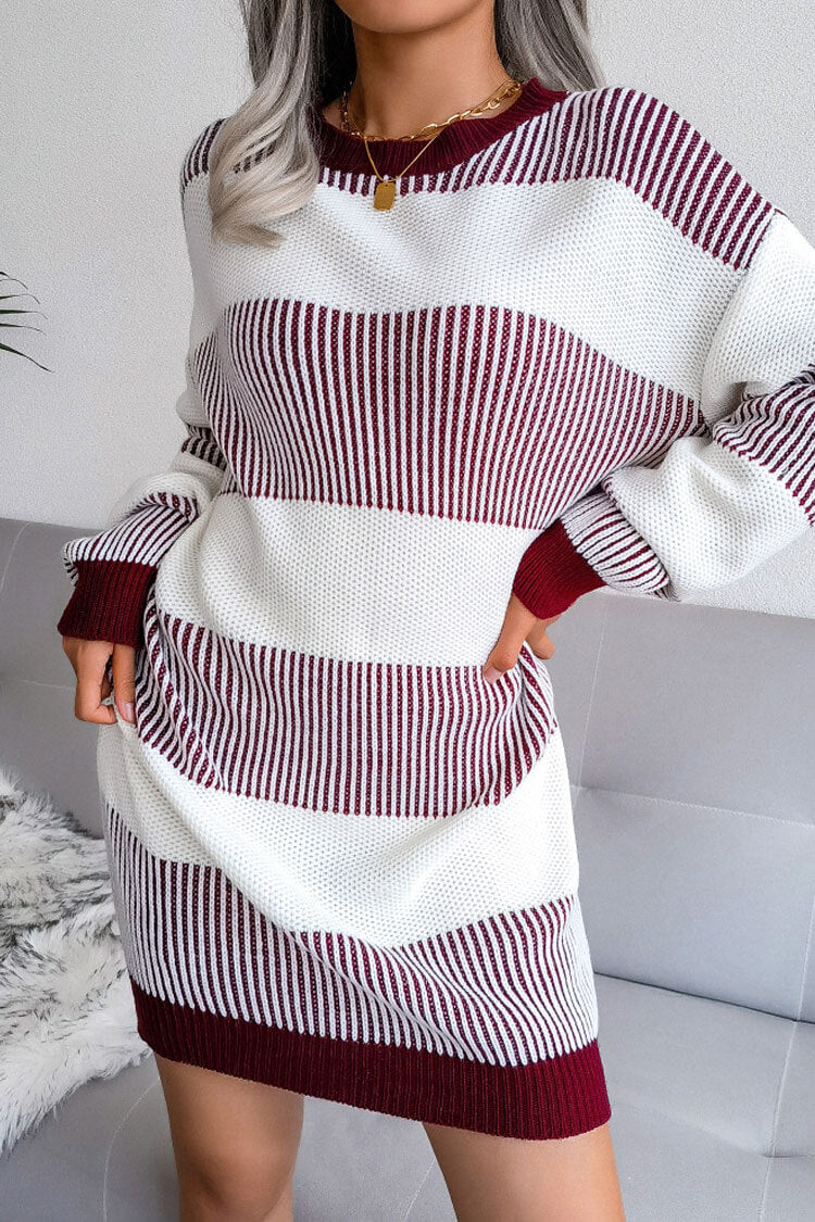 Wine Red Round Neck Long Sleeve Striped Textured Knit Sweater Mini Dress