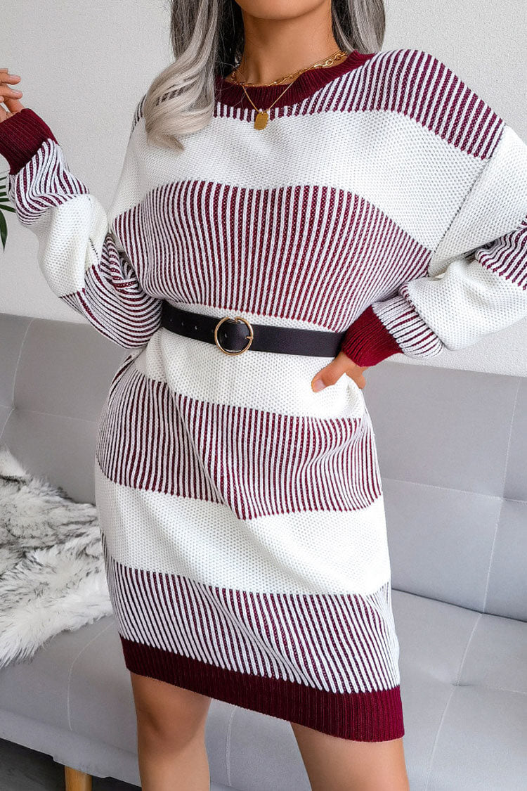 Wine Red Round Neck Long Sleeve Striped Textured Knit Sweater Mini Dress
