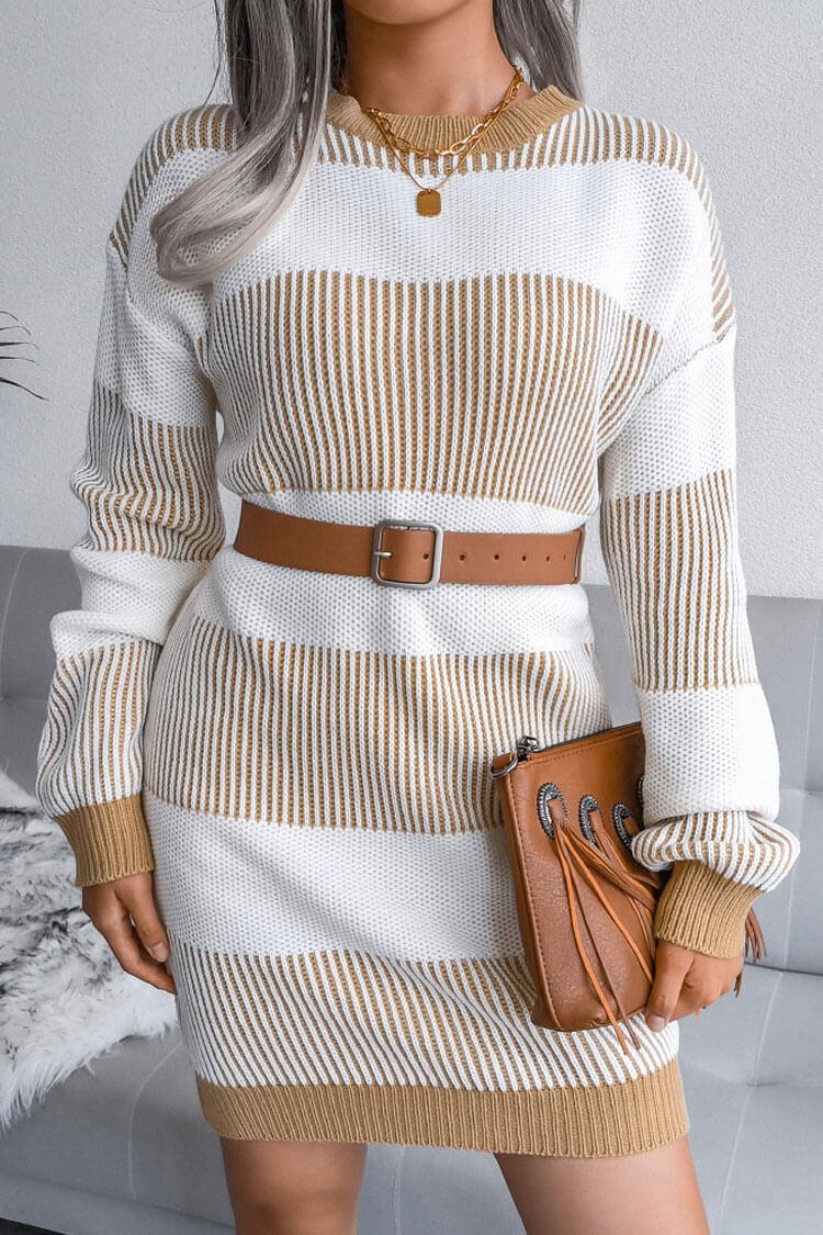 Khaki Crew Neck Long Sleeve Textured Striped Knit Sweater Mini Dress