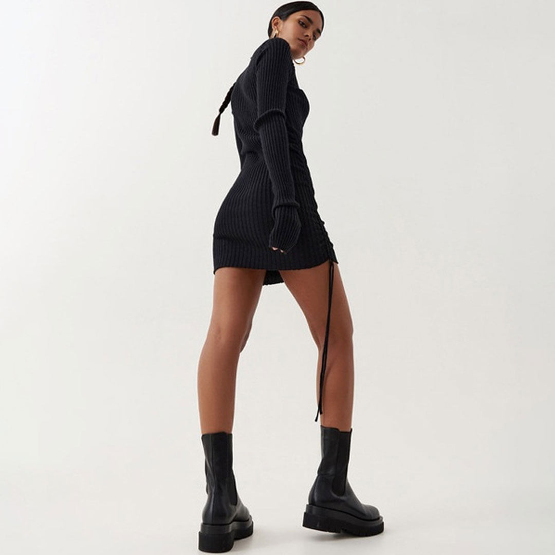 Black Turtleneck Long Sleeve Ribbed Side Tie Ruched Bodycon Mini Dress