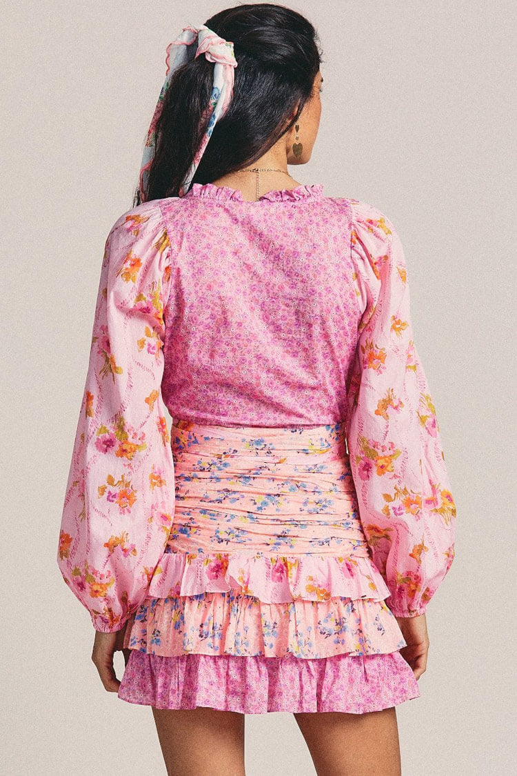 Pink V-Neck Long Sleeve Floral Print Ruched Tiered Ruffle Mini Dress