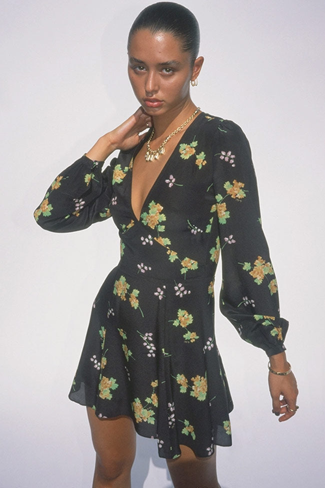 Black Deep V-Neck Floral Print Long Sleeve Fit and Flare Mini Dress