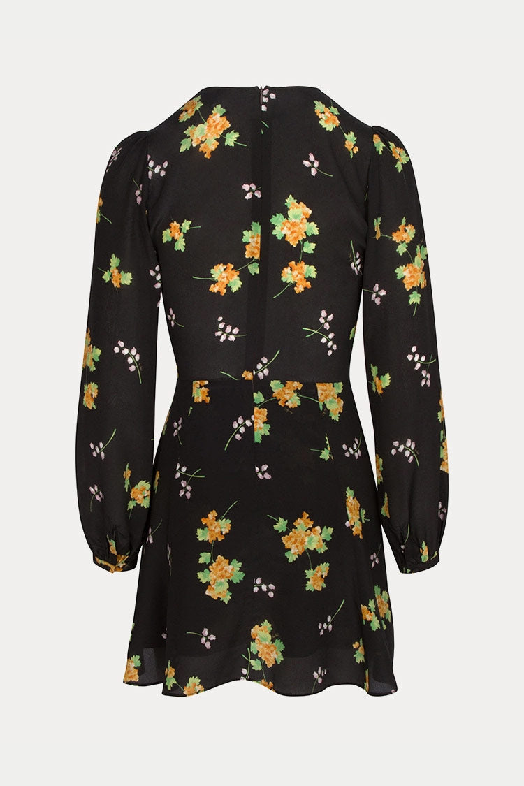Black Deep V-Neck Floral Print Long Sleeve Fit and Flare Mini Dress