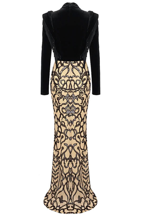 Black High Neck Long Sleeve Fringe Trim Sequin Baroque Mermaid Maxi Gown