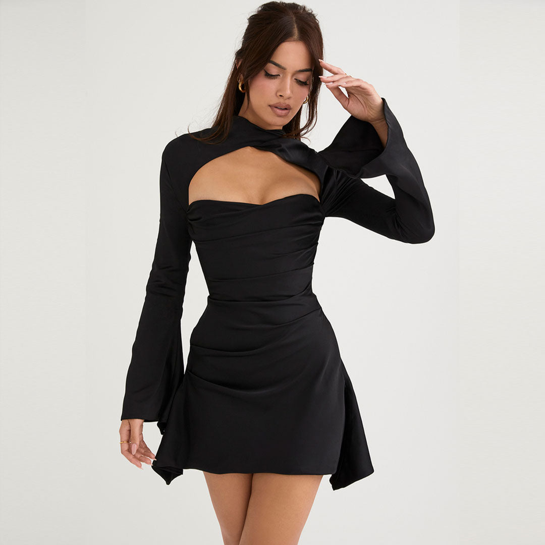 Black High Neck Cut Out Ruched Satin Bell Sleeve Bodycon Mini Dress