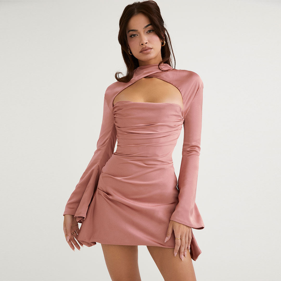 Pink High Neck Cut Out Ruched Satin Bell Sleeve Bodycon Mini Dress