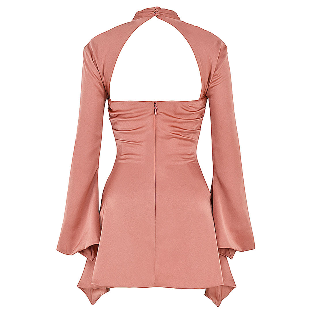 Pink High Neck Cut Out Ruched Satin Bell Sleeve Bodycon Mini Dress