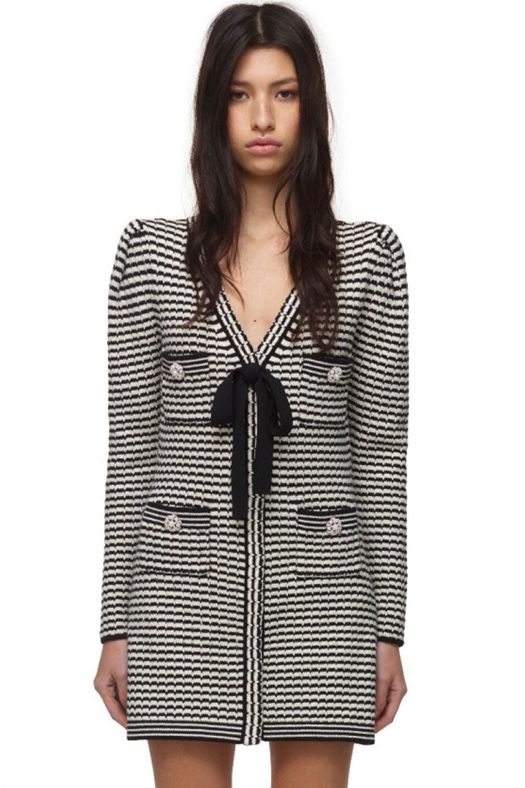 Stripe V-Neck Bow Tie Striped Knit Button Front Sweater Mini Dress 2