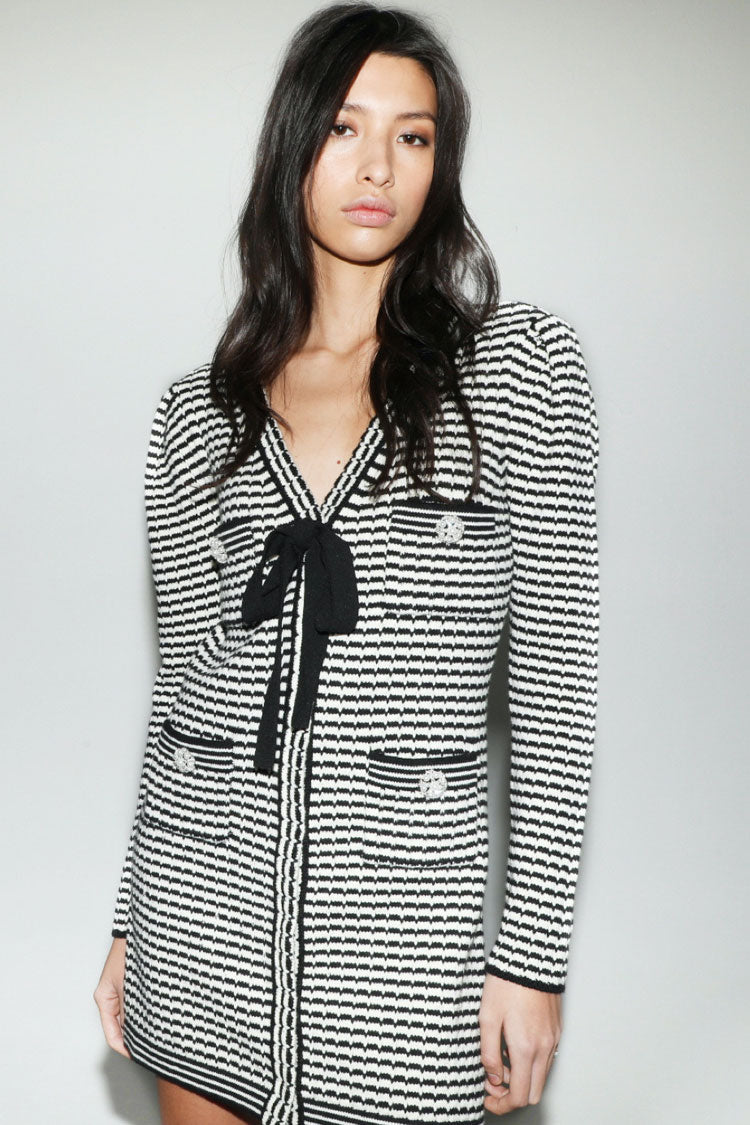 Stripe V-Neck Bow Tie Striped Knit Button Front Sweater Mini Dress