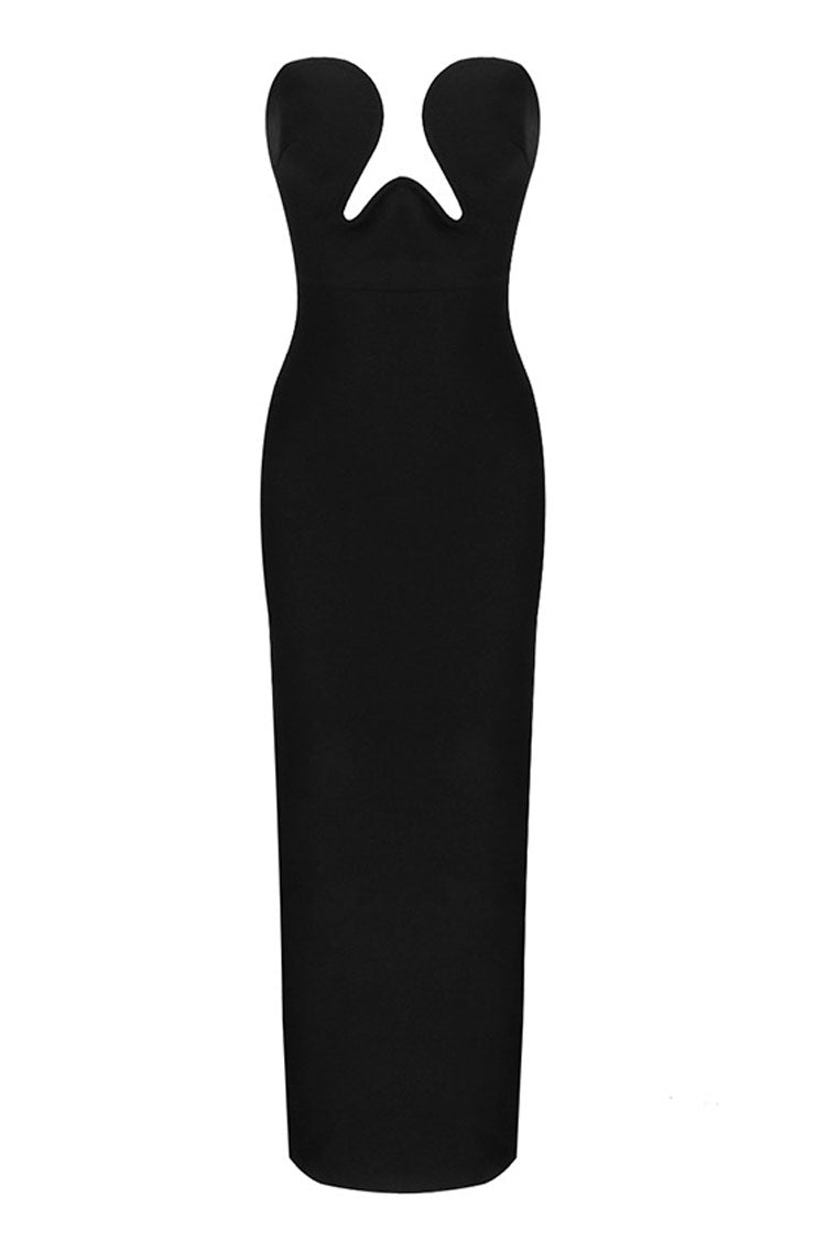 Black Strapless Plunge Sweetheart High Slit Bandage Maxi Dress