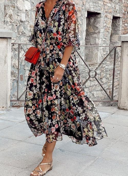 Lidia Comfortable V-neck Dress with Floral Pattern for Women