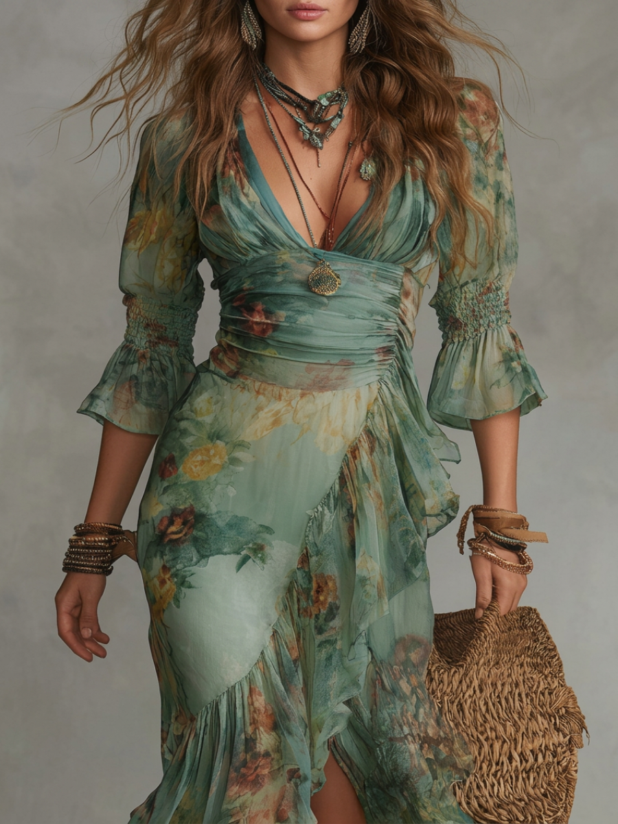 Grass Green Deep V-Neck Floral Chiffon Ruched Ruffle High Slit Maxi Dress 4