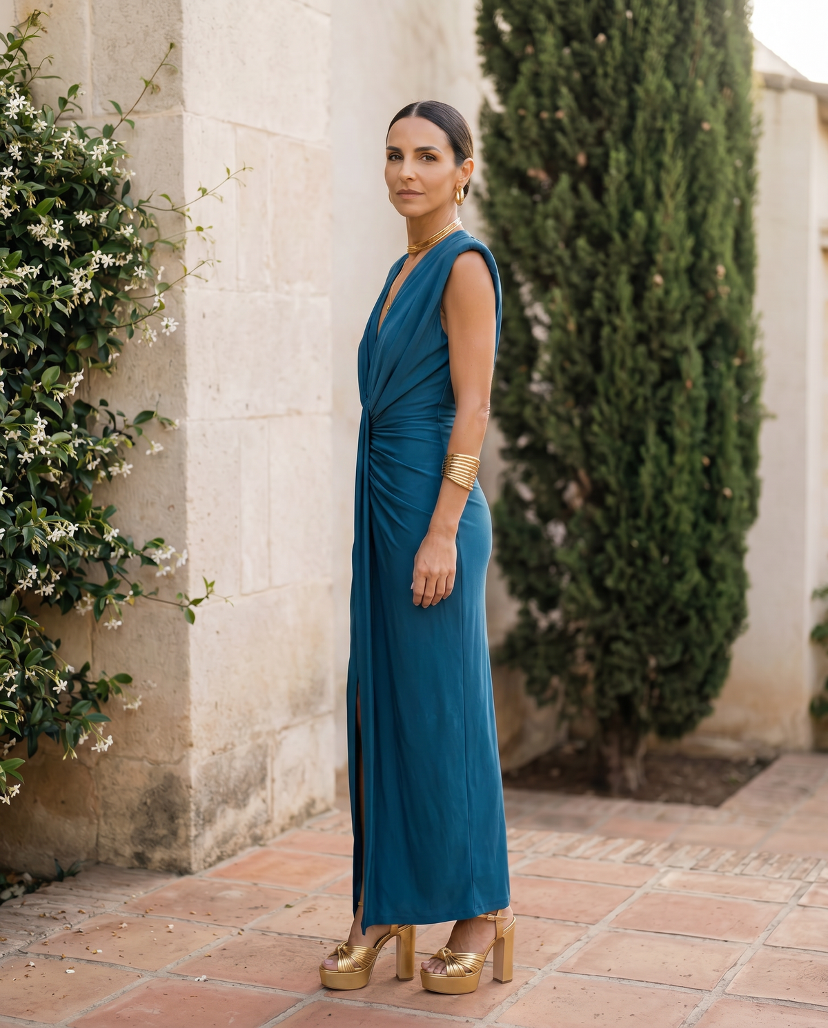 Plunge Neck Sleeveless Twist Front Ruched High Slit Bodycon Midi Dress