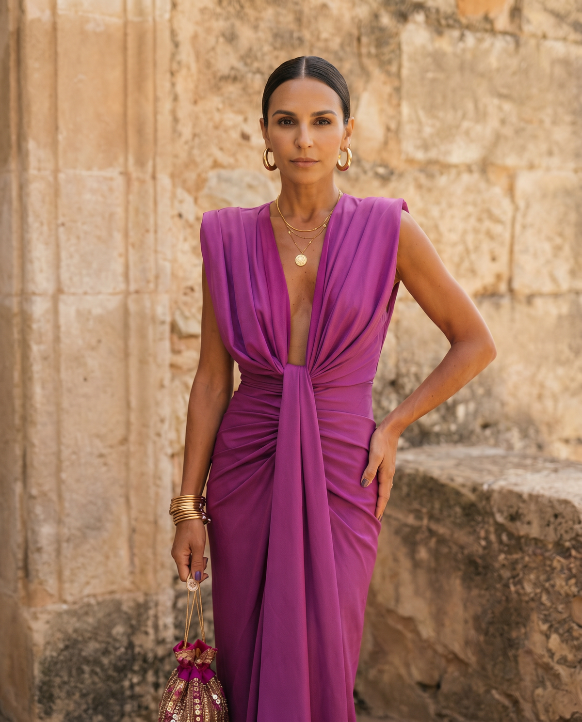Plunge Neck Sleeveless Twist Front Ruched High Slit Bodycon Midi Dress