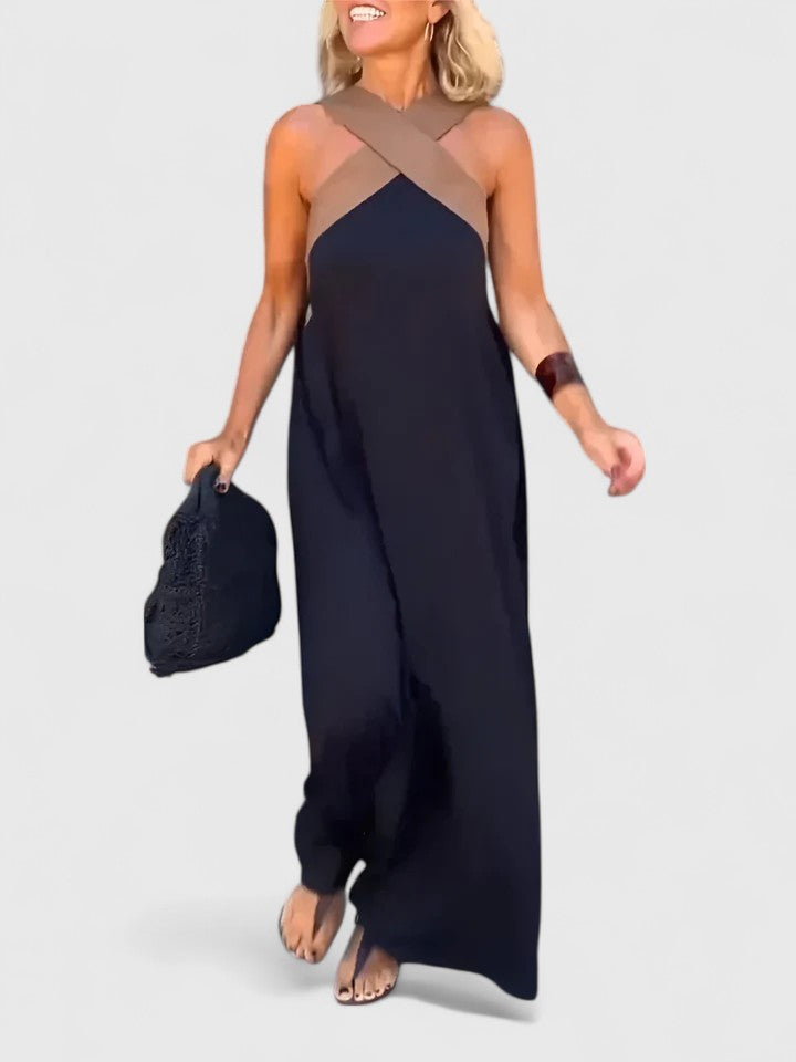 Crossover Halter Neck Contrast Panel Sleeveless A-Line Maxi Dress
