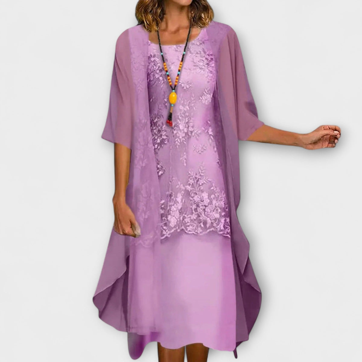 Round Neck Lace Embroidered Chiffon Jacket Two-Piece Midi Dress Set