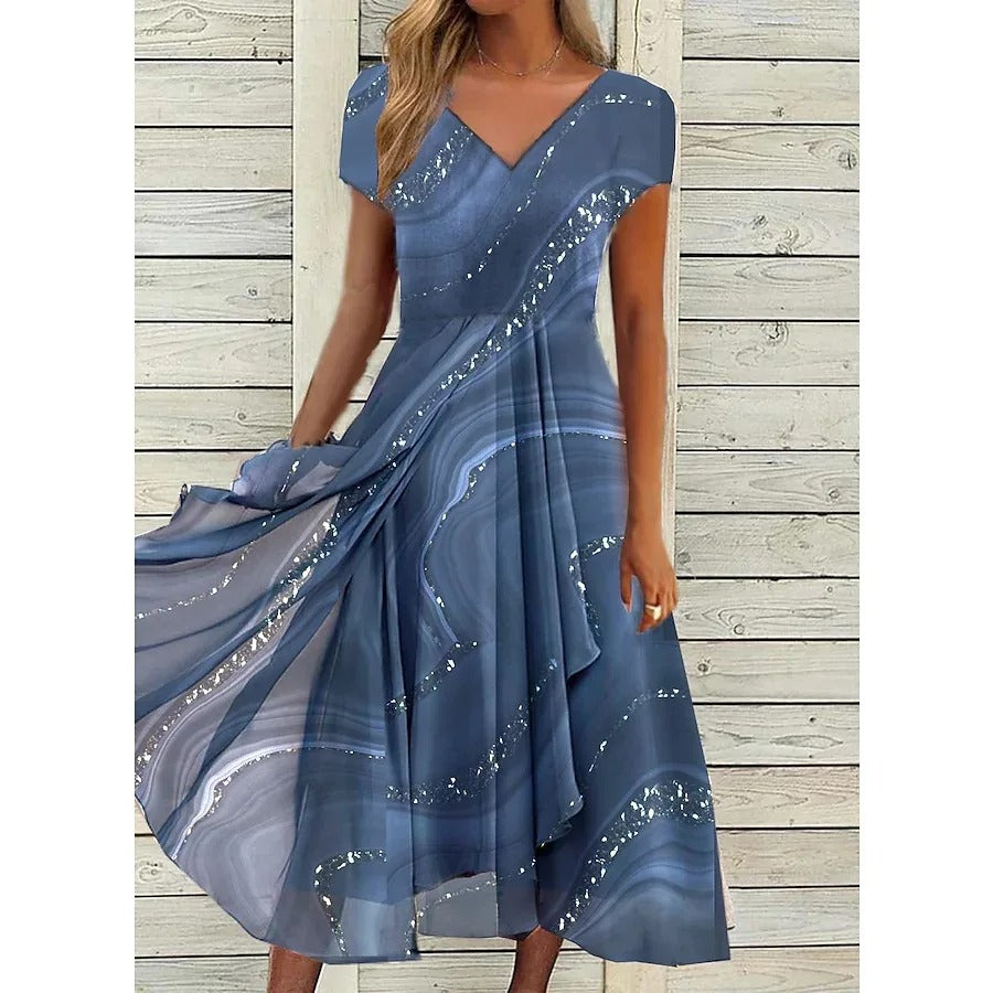 V-Neck Glitter Marble Print Short Sleeve Draped Chiffon Midi Dress