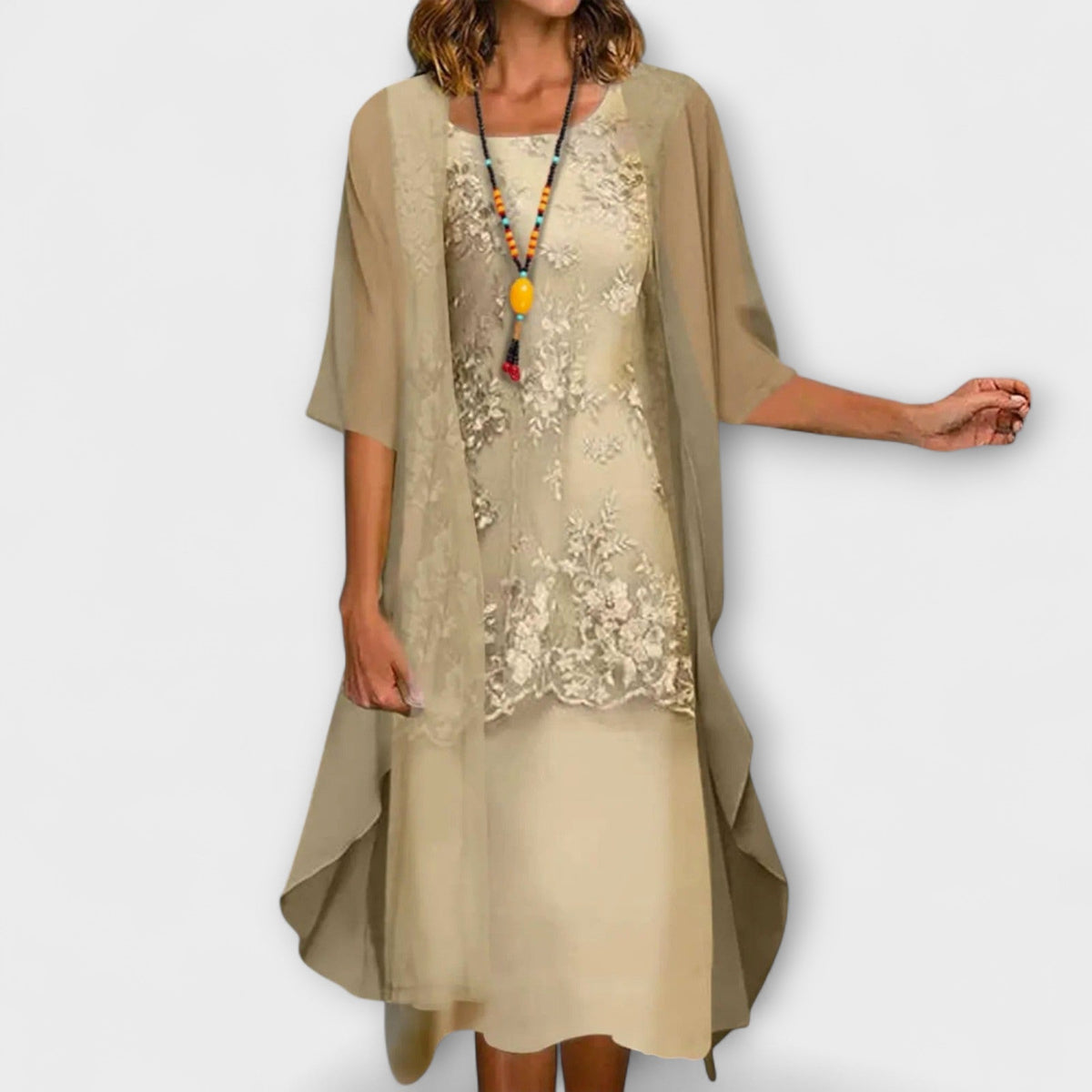 Scoop Neck Floral Lace Chiffon Jacket Two-Piece Midi Set