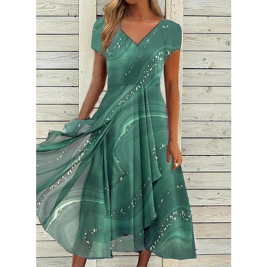 V-Neck Marble Print Glitter Short Sleeve Ruched A-Line Midi Dress