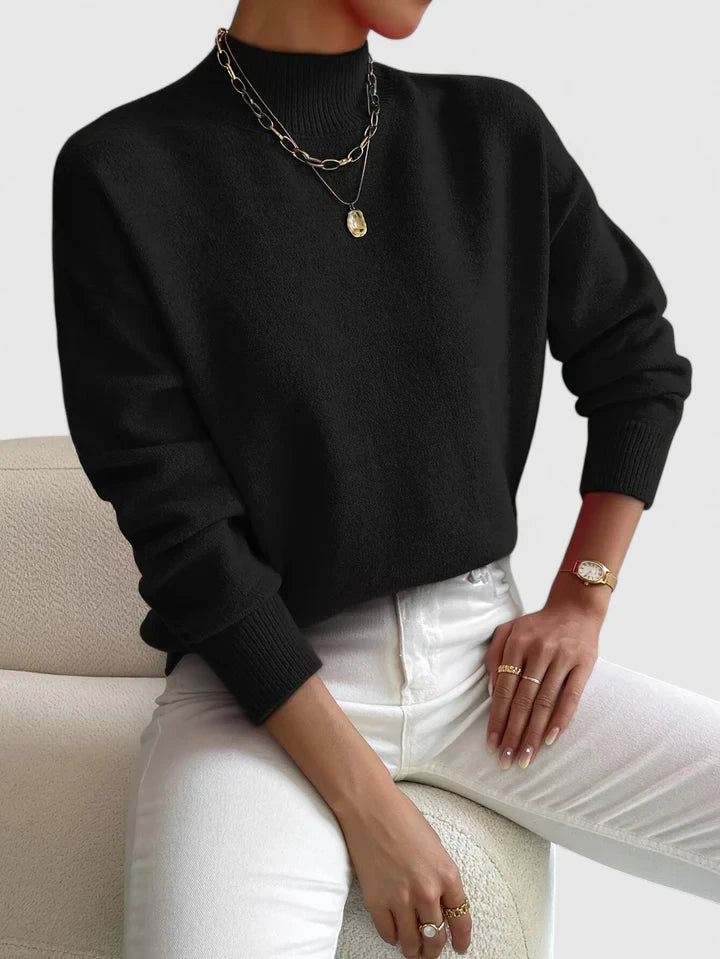 Mock Neck Knit Long Sleeve Ribbed Trim Pullover Sweater