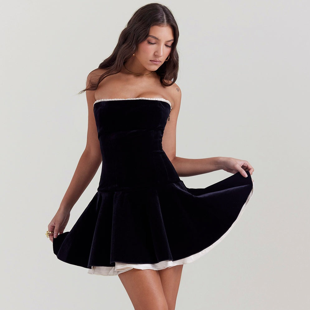 Black Strapless Contrast Trim Velvet Flared Skater Mini Dress