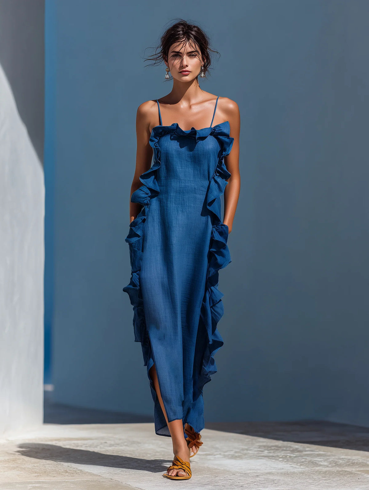 Blue Spaghetti Strap Cascade Ruffle Trim Column Maxi Dress